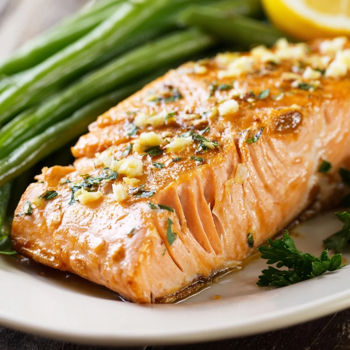 Golden-baked Sheet Pan Salmon and Green Beans with Lemon garnished with fresh parsley and lemon wedges on a rustic table.