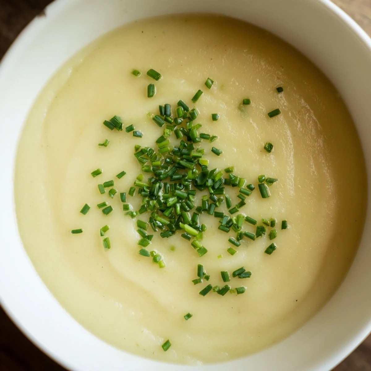 Hearty Creamy Potato Leek Soup with Chives served beside crusty artisan bread, perfect for a cozy, chilly evening meal.