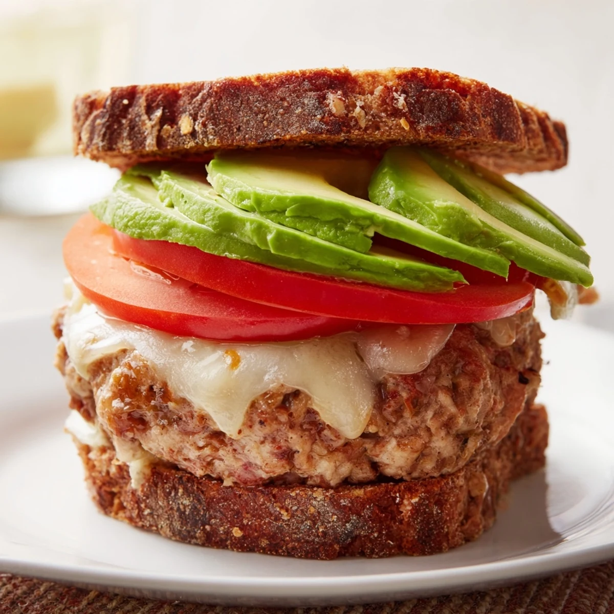 Golden brown turkey burger with melted Swiss cheese and fresh avocado slices on a toasted whole wheat bun, garnished with lettuce and tomato.