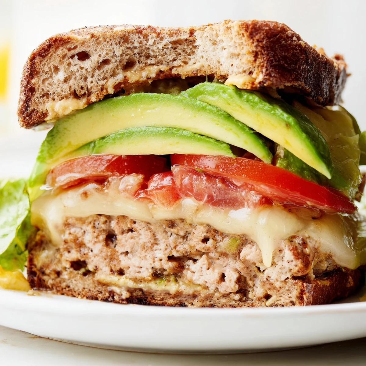 A juicy turkey burger topped with creamy avocado and Swiss cheese, served on a toasted bun with a side of sweet potato fries.