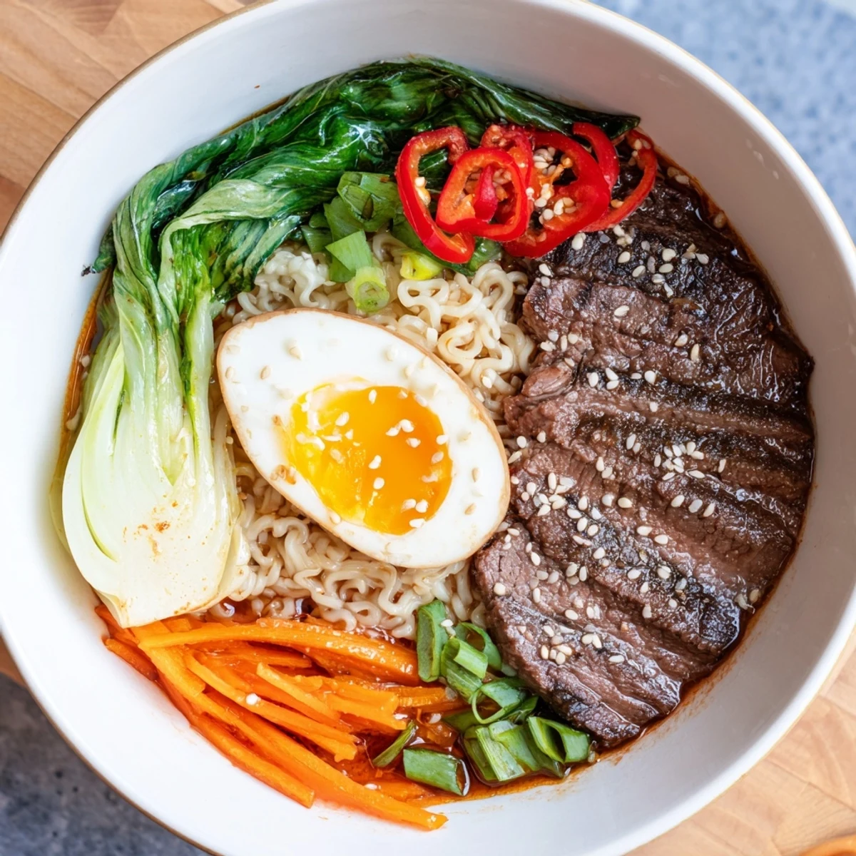 A close-up of Spicy Beef Ramen with Soft Boiled Egg, featuring tender beef slices and glossy noodles in a rich, red-hued broth.