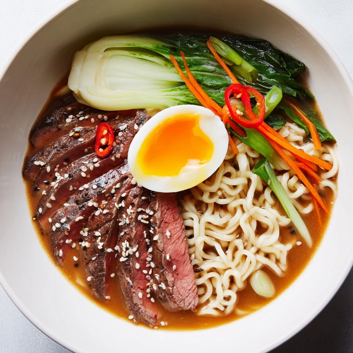 Spicy Beef Ramen with Soft Boiled Egg garnished with julienned carrots, scallions, and sesame seeds, served in a rustic ceramic bowl.