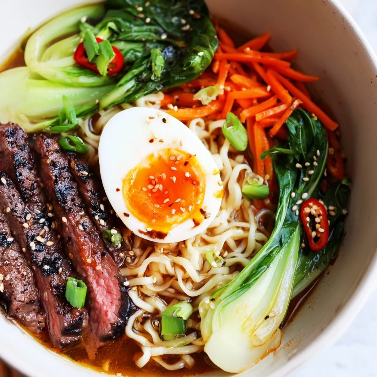 Steam rises from a hearty bowl of Spicy Beef Ramen with Soft Boiled Egg, showing a perfectly jammy yolk and wilted greens.