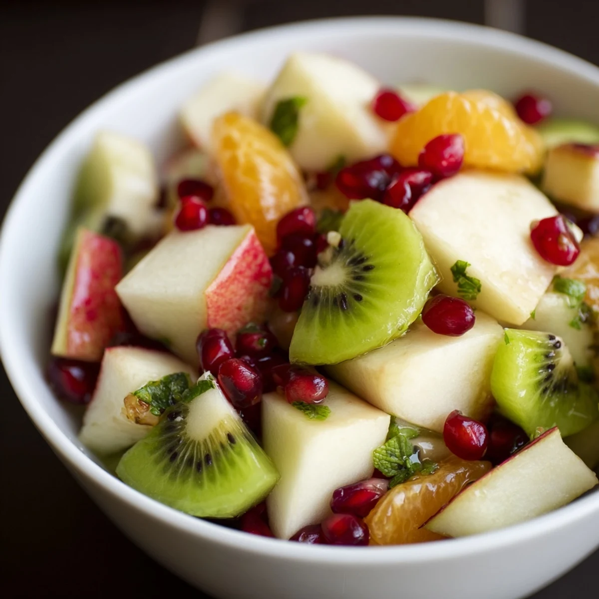 A vibrant spoonful of Winter Fruit Salad with Mint and Honey features juicy kiwis and a sweet honey drizzle.