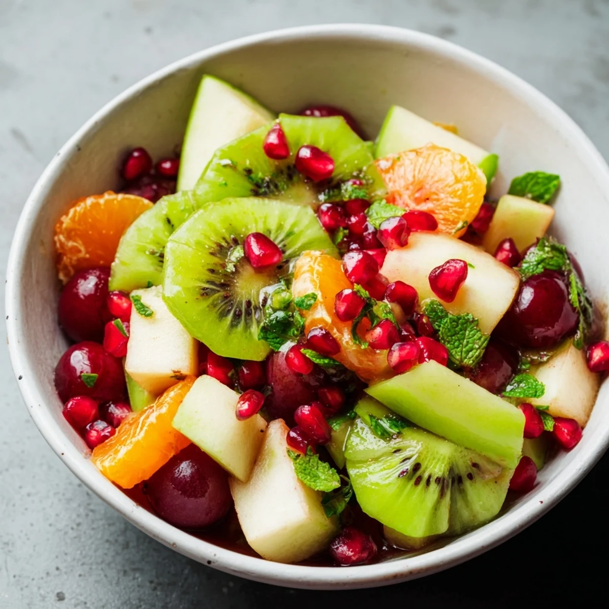 Brightly colored apples, oranges, and pomegranate arils glistening in a bowl of Winter Fruit Salad with Mint and Honey.