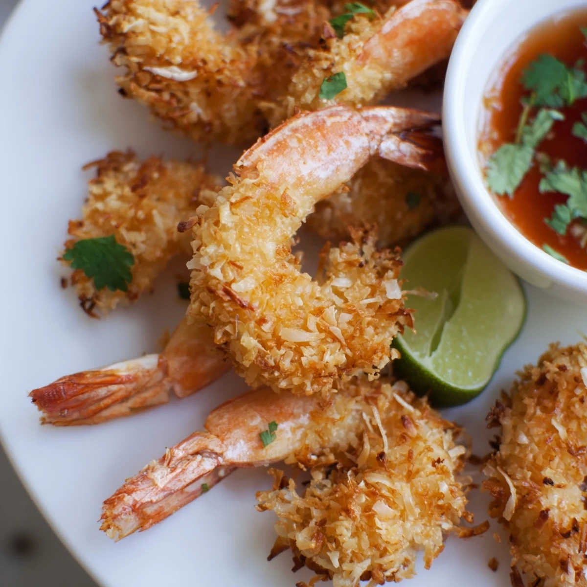 Golden-brown Crispy Coconut Shrimp piled high on a platter with a small bowl of sweet chili dip, garnished with fresh lime wedges. 
