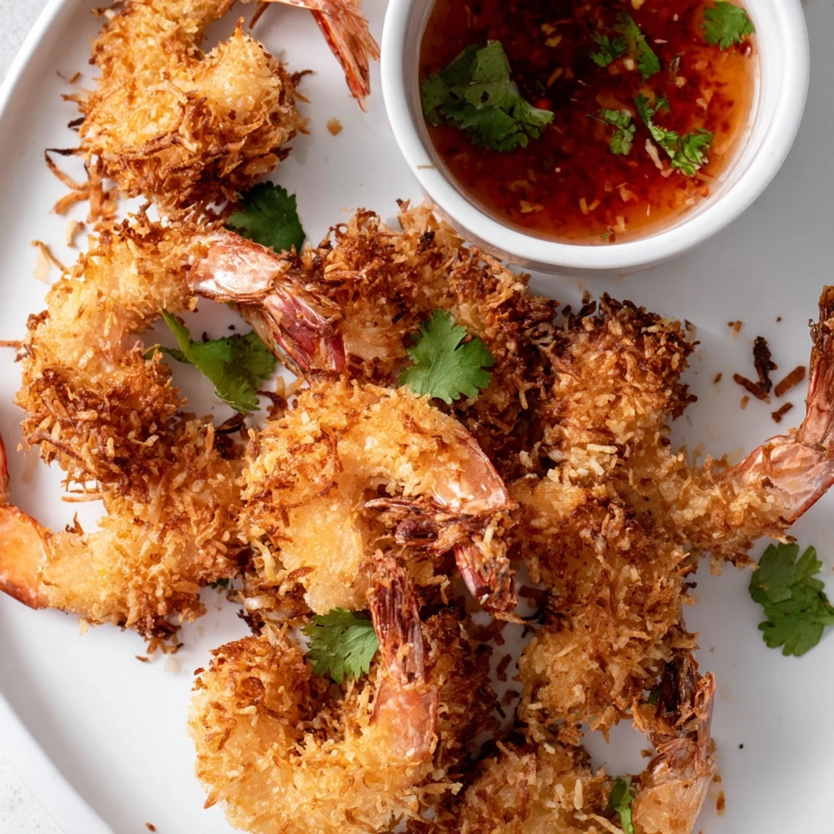 A vibrant serving plate with Crispy Coconut Shrimp and a dipping sauce, set on a rustic wooden table for a casual appetizer.