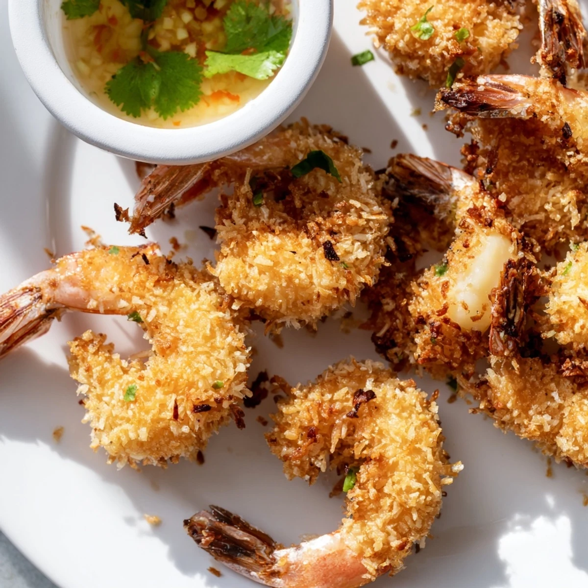 A close-up view shows the crunchy coconut breadcrumb crust on a juicy shrimp, ready to be dipped in sweet chili sauce. 