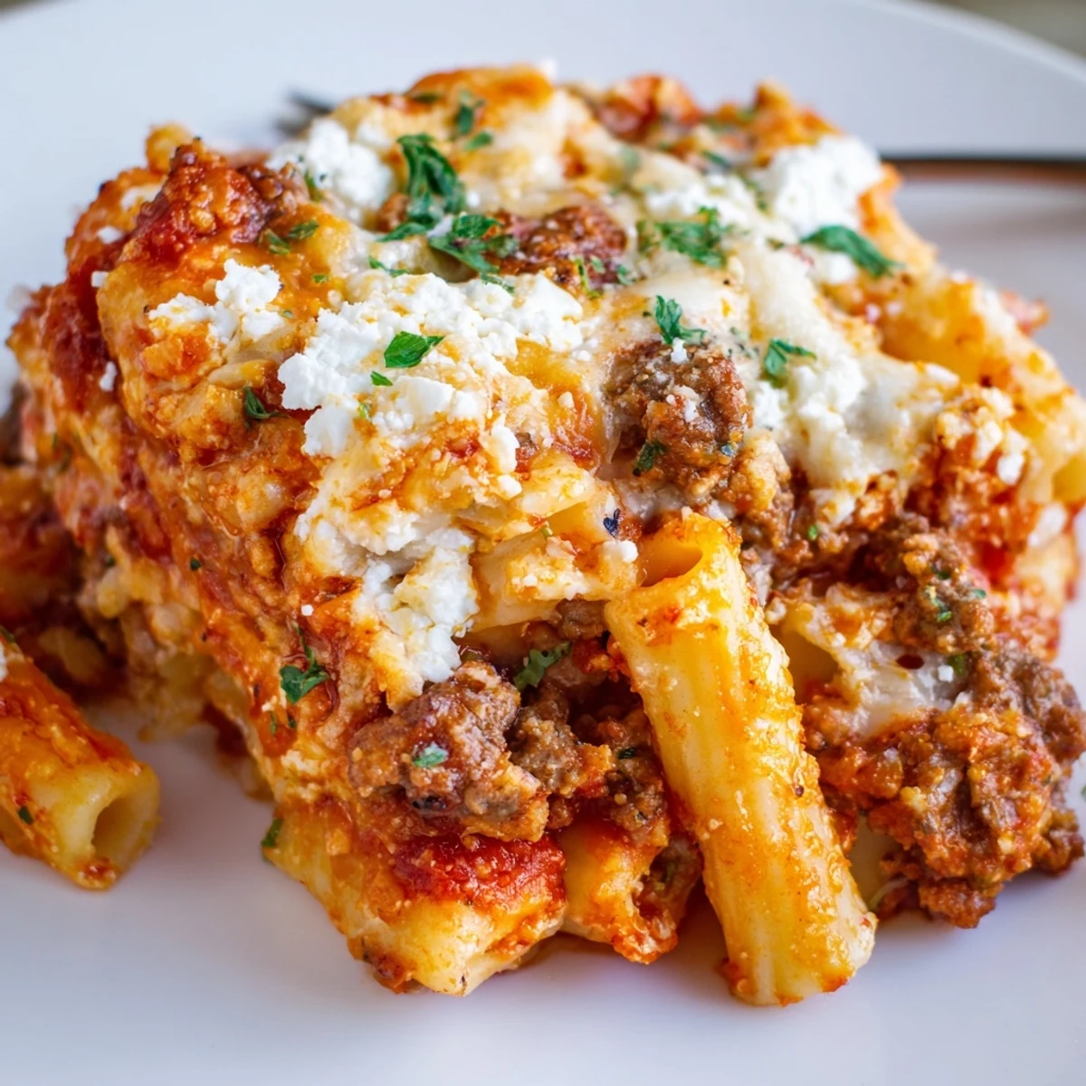 Golden, bubbly mozzarella tops a hearty Baked Ziti with Ground Beef and Marinara, served in a casserole dish with fresh basil garnish.