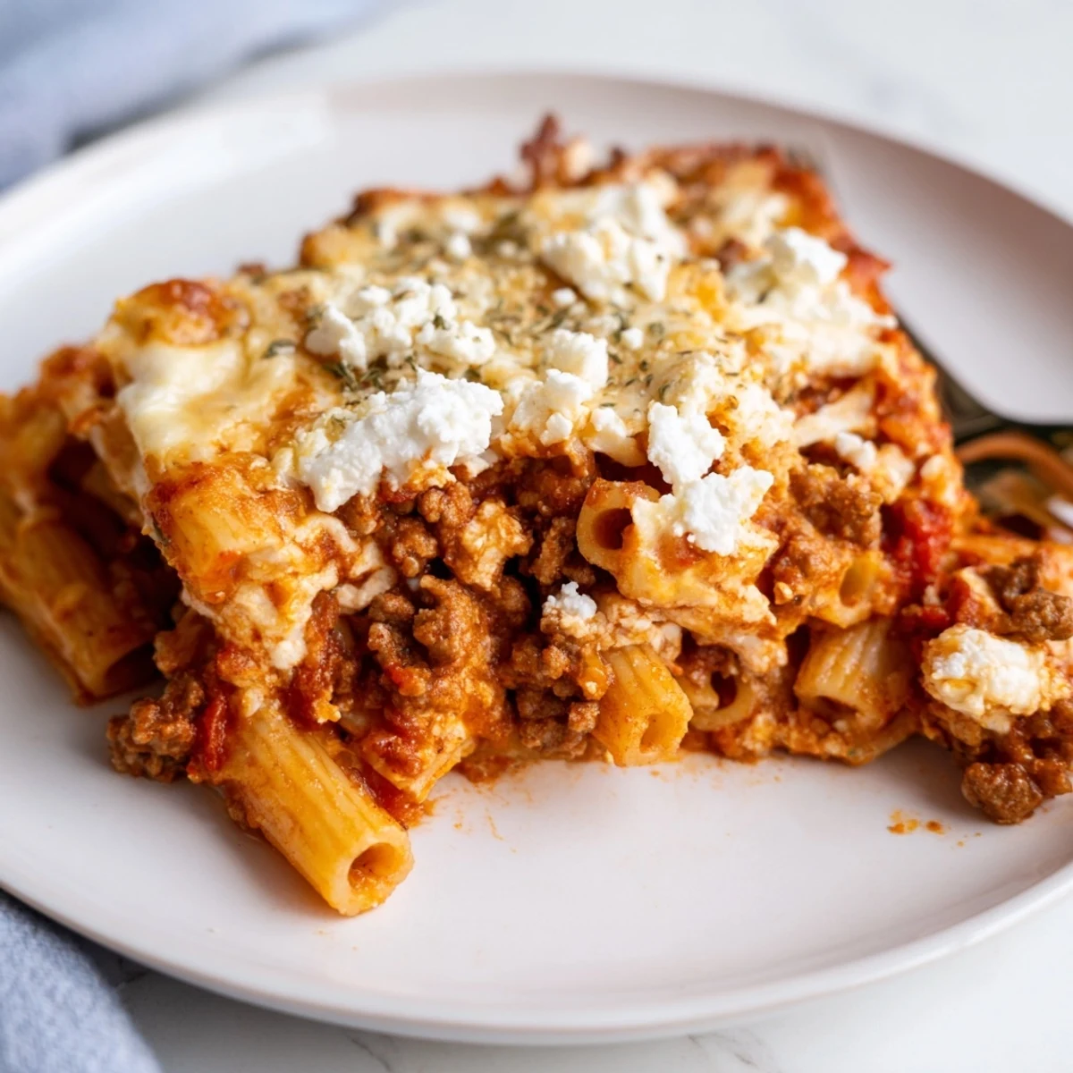 A close-up of Baked Ziti with Ground Beef and Marinara shows melted cheese pulling away from the noodles.
