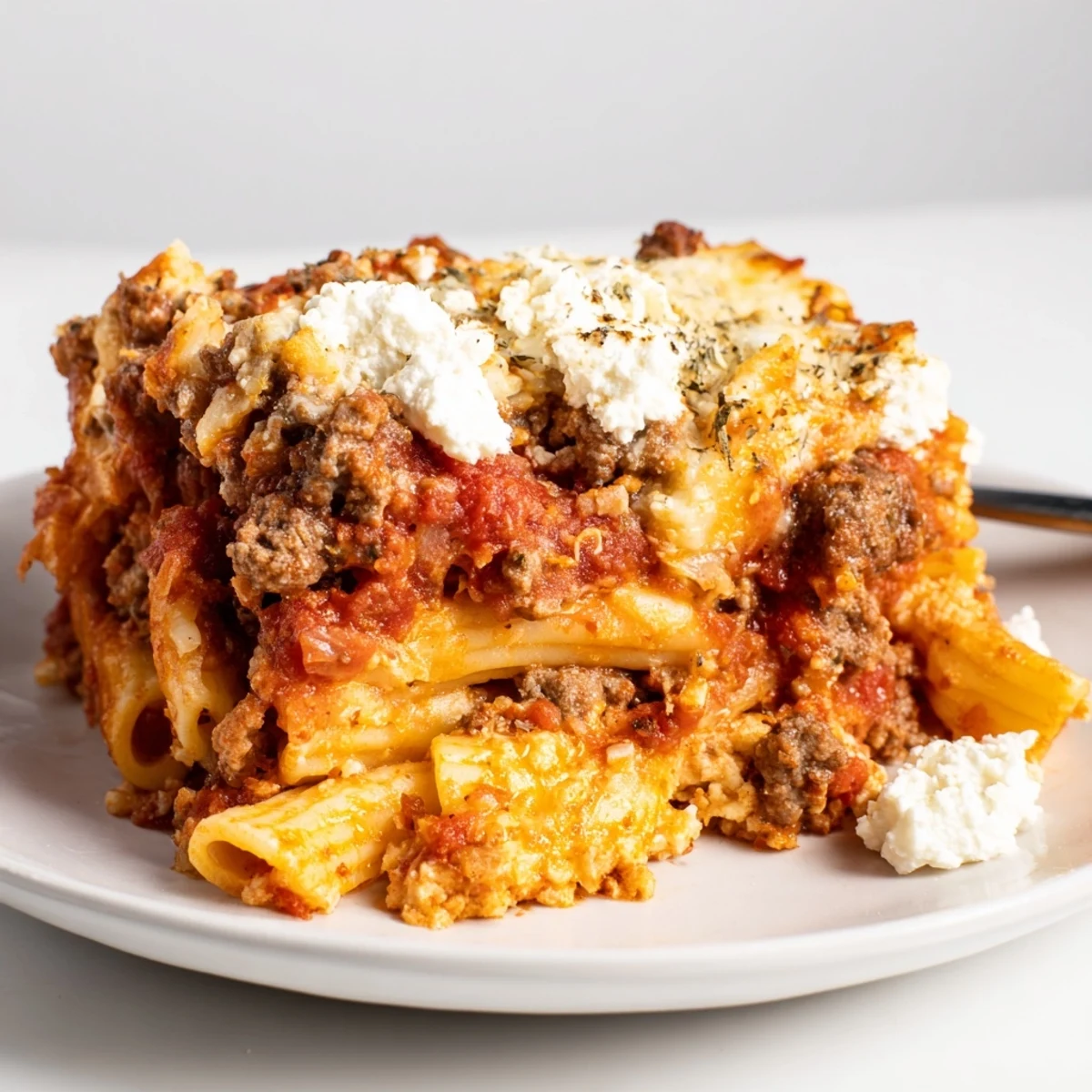 Tender ziti pasta and savory ground beef are layered in rich marinara sauce, finished with a golden, bubbly cheese topping.