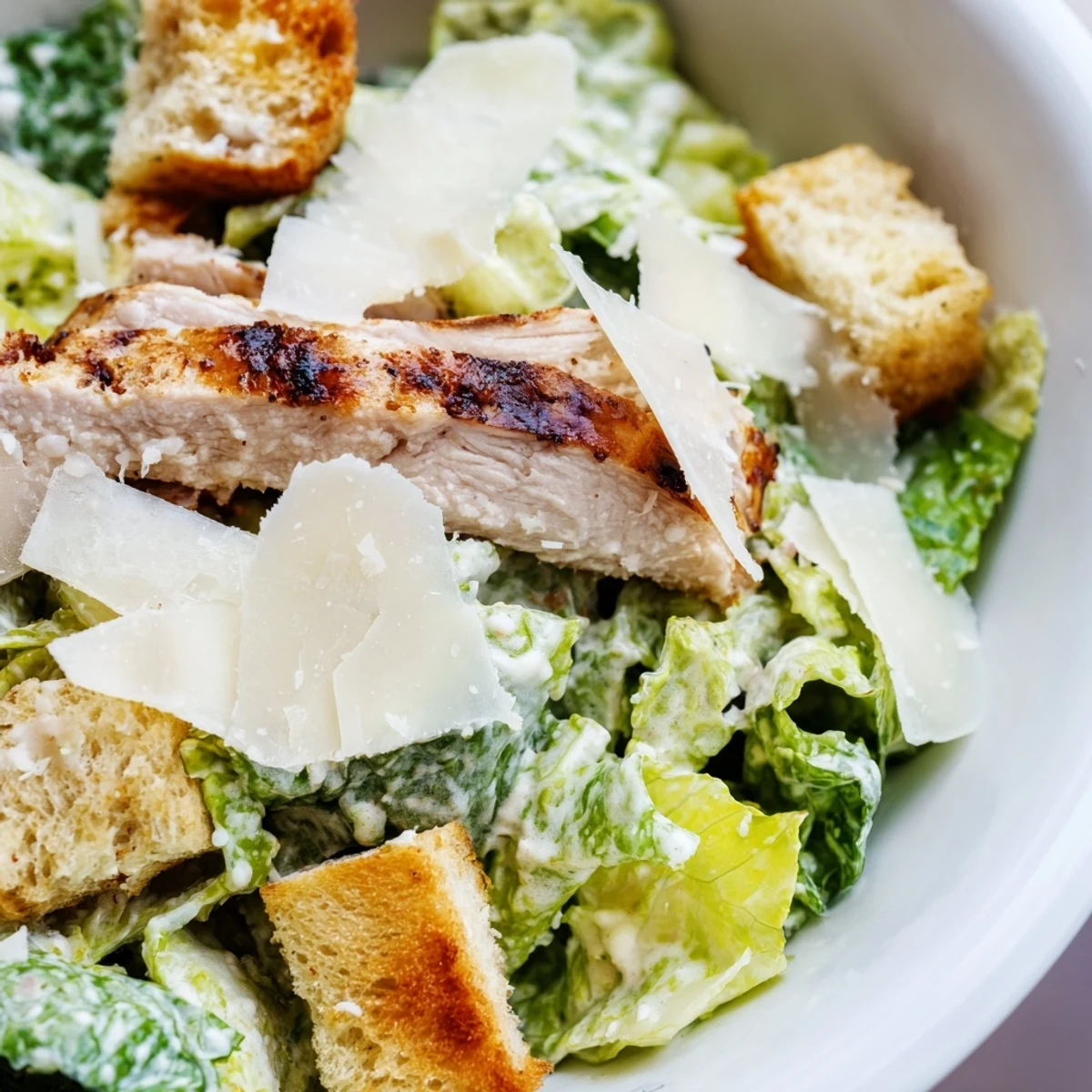 Freshly grilled chicken breast slices rest on crisp romaine lettuce, topped with shaved Parmesan cheese.