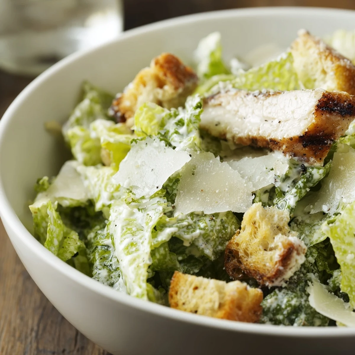 A hearty Classic Caesar Salad with Grilled Chicken features golden croutons and a drizzle of tangy dressing.