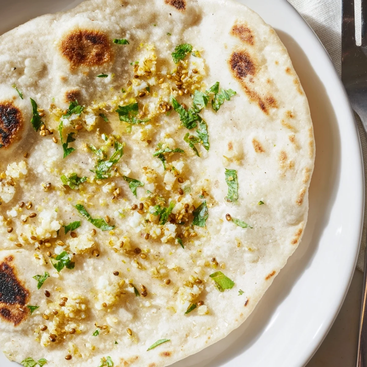 Freshly baked Indian flatbread topped with aromatic nigella seeds and minced garlic, served warm alongside a creamy bowl of butter chicken.