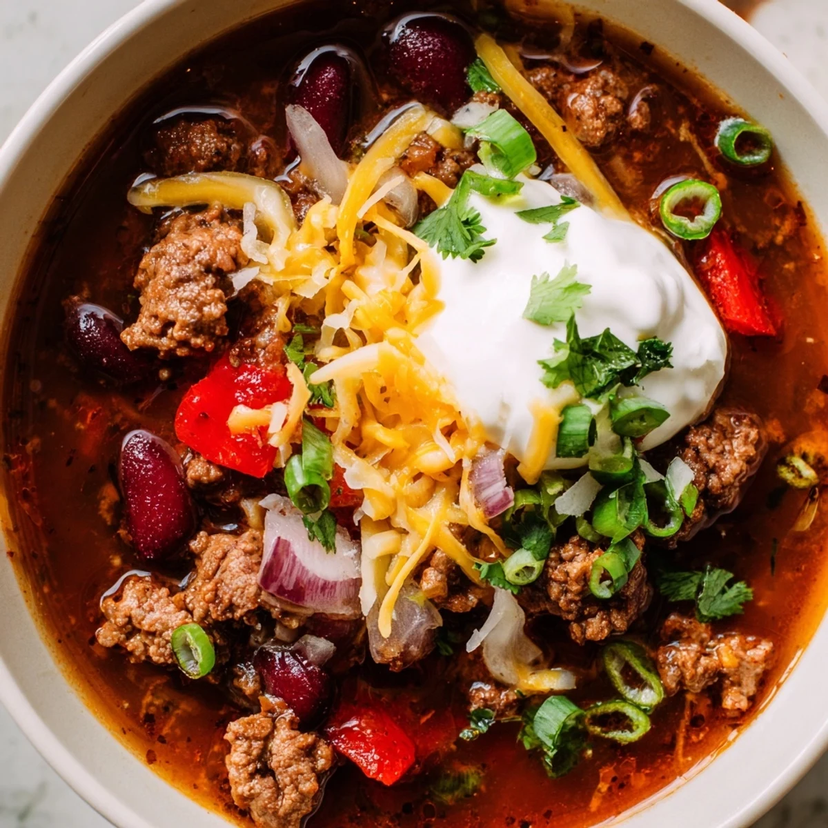 A bowl of hearty Spicy Beef and Kidney Bean Chili topped with sour cream, shredded cheese, and fresh cilantro.