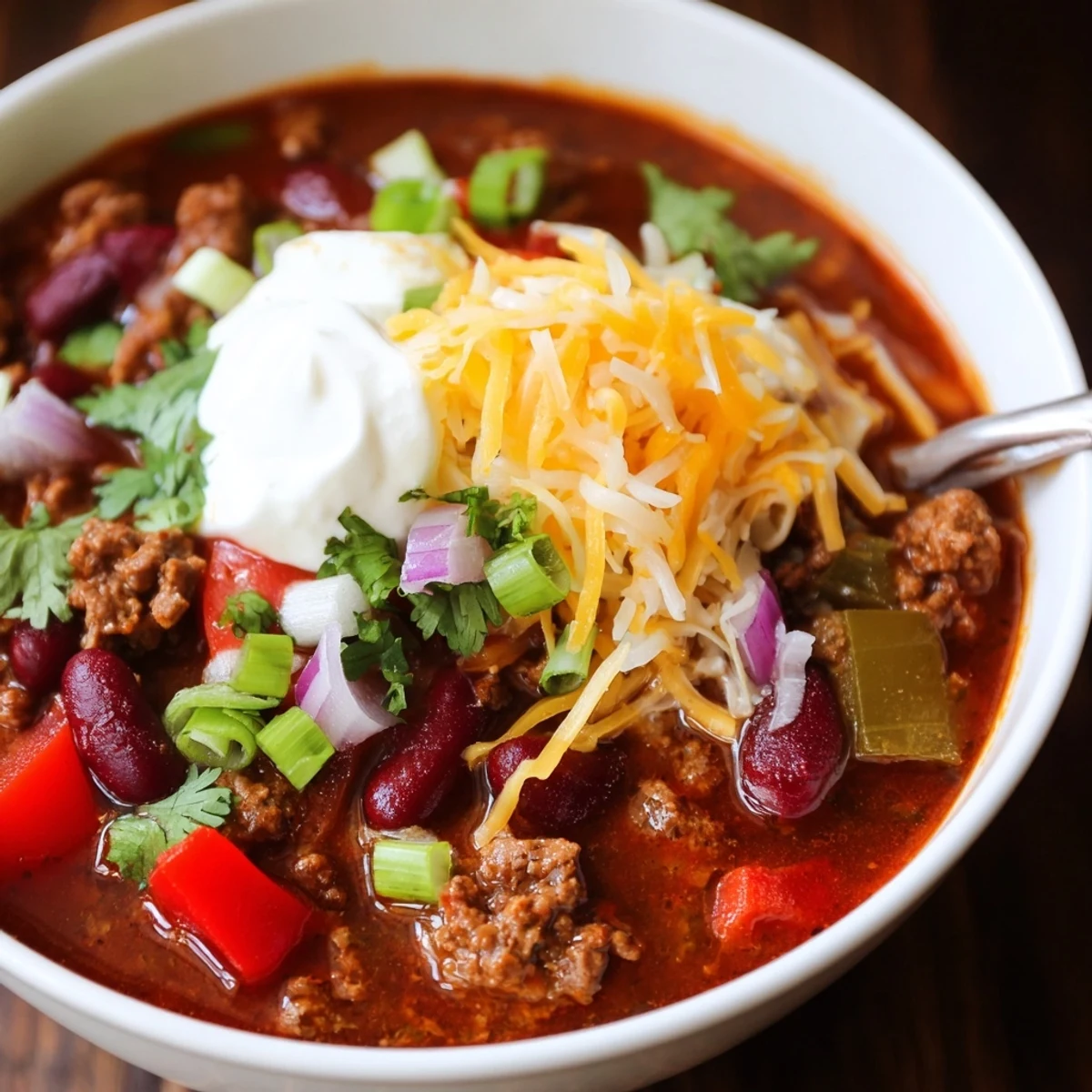 Steaming pot of homemade Spicy Beef and Kidney Bean Chili with ground beef, kidney beans, and diced red bell peppers.