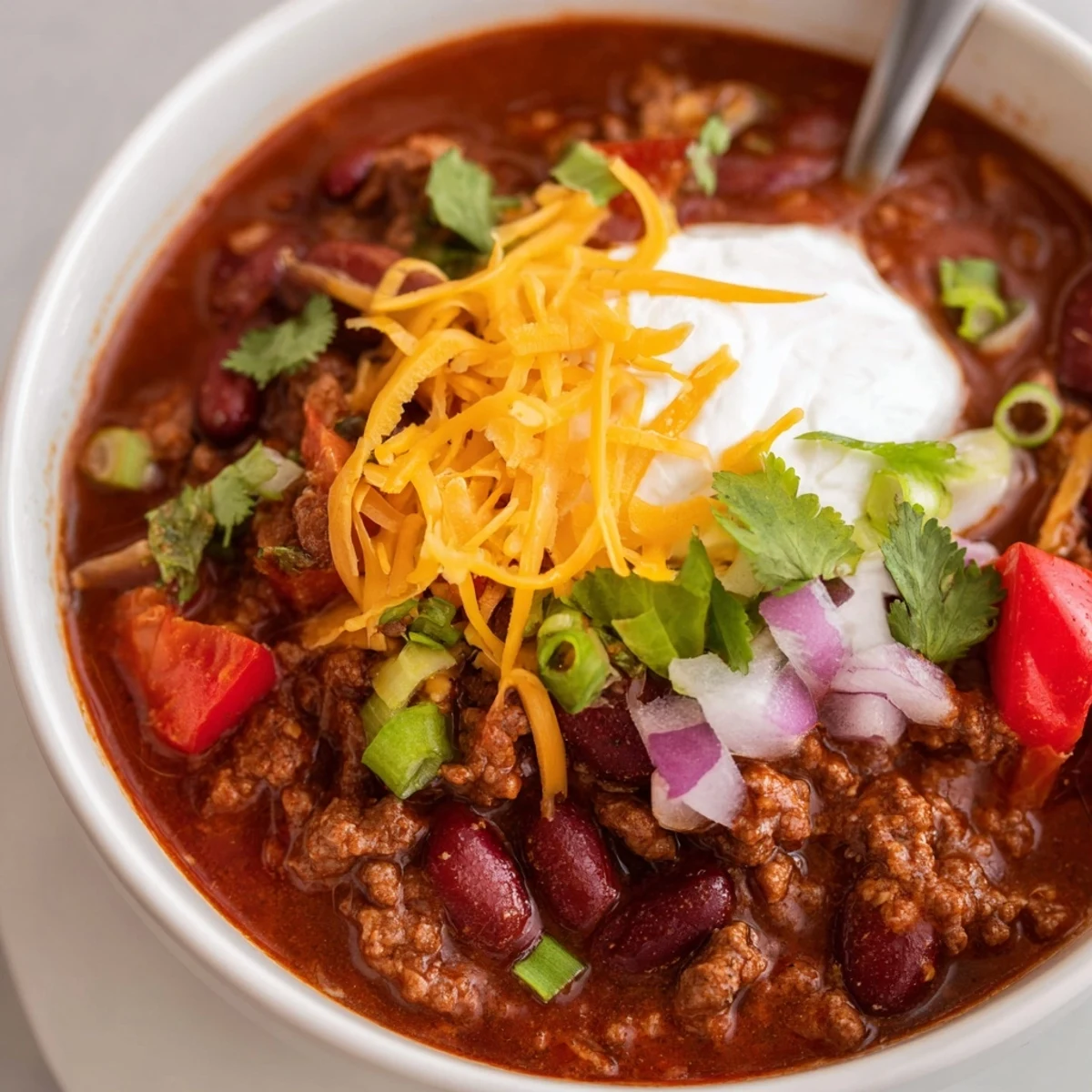 Spicy Beef and Kidney Bean Chili served in a rustic bowl beside warm cornbread slices for dipping.