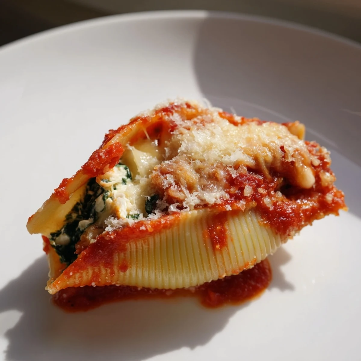 Spinach and Ricotta Stuffed Conchiglie arranged in a baking dish, ready to serve with fresh basil garnish.