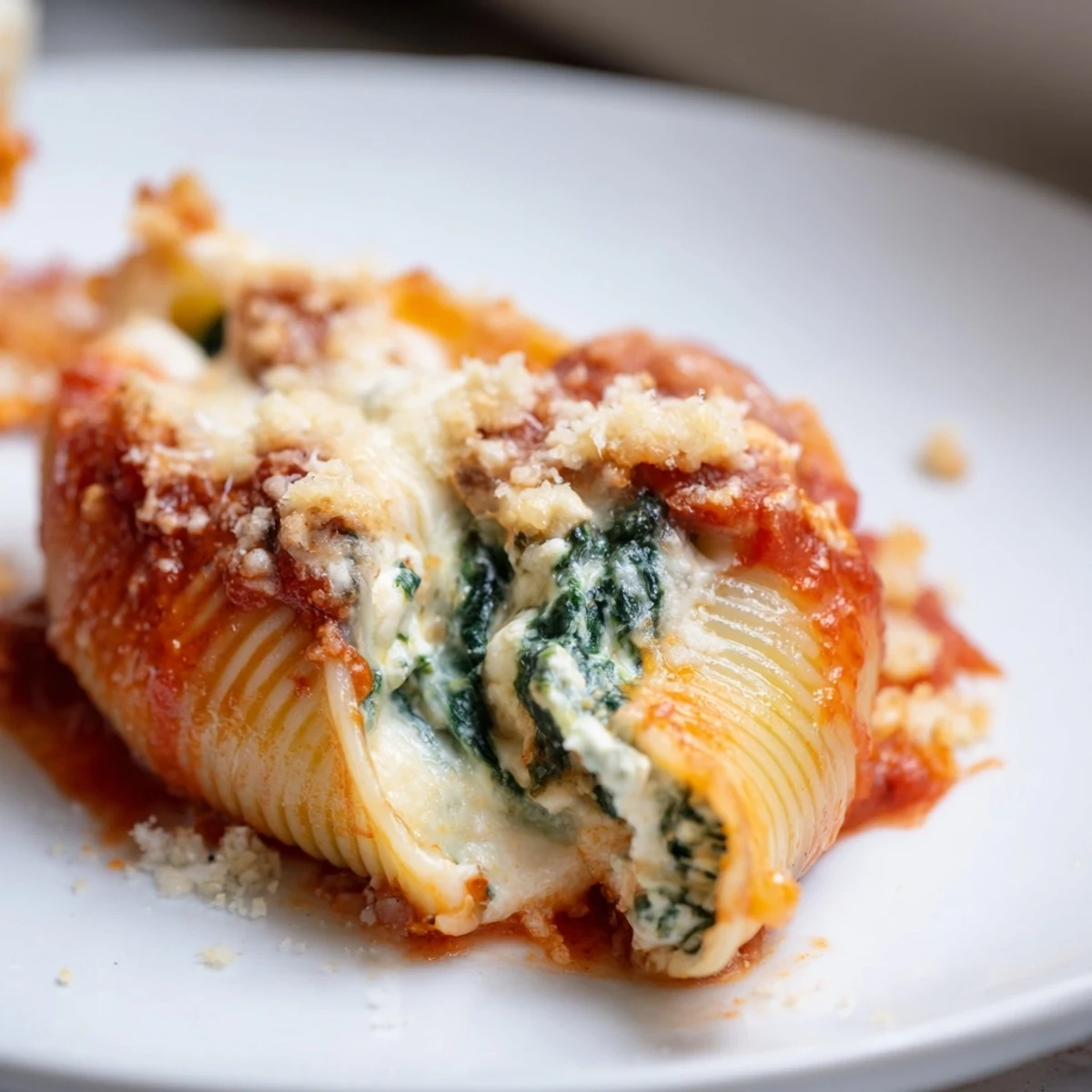 Baked Spinach and Ricotta Stuffed Conchiglie shells in rich tomato sauce, topped with golden melted cheese.