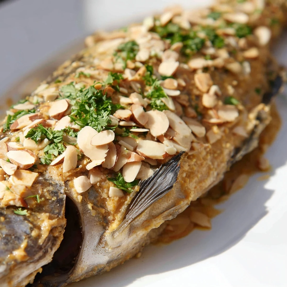 Golden-baked whole trout with aromatic almond butter sauce, served alongside steamed potatoes and fresh parsley garnish.