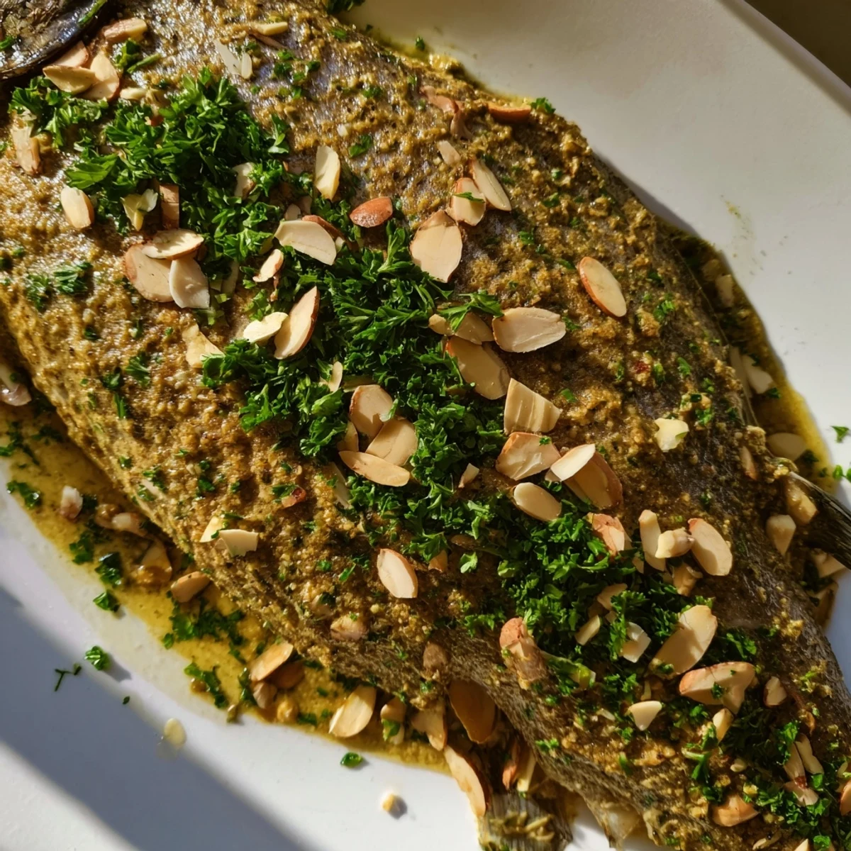 Freshly baked trout with lemon slices, topped with toasted almonds and vibrant green herbs.