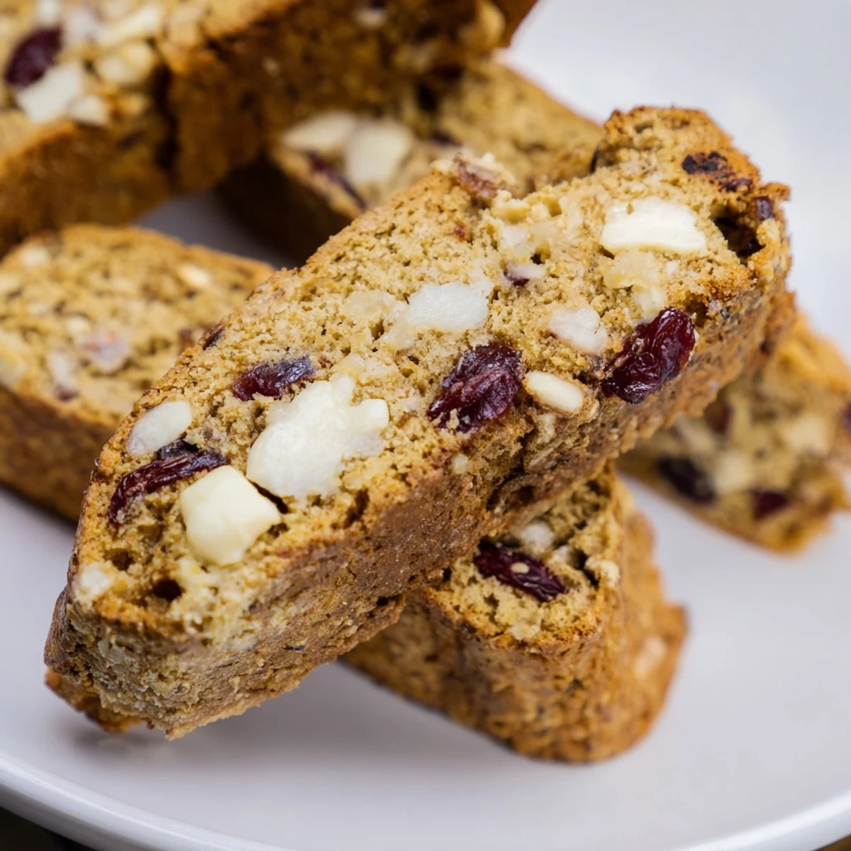 Freshly baked Cranberry and White Chocolate Biscotti on a wire cooling rack, showing tart red fruit and creamy white chips in a crisp, twice-baked texture.