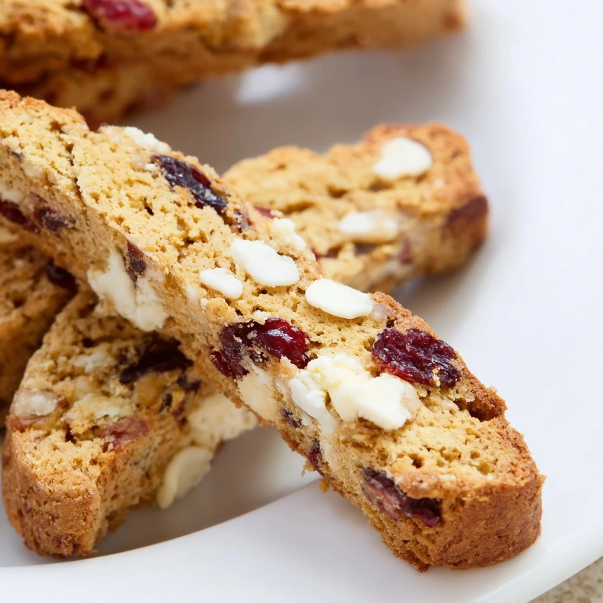 A close-up of Cranberry and White Chocolate Biscotti dipped in a steaming mug of coffee, showcasing golden edges and melty white chocolate chunks.