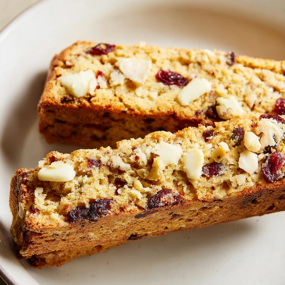 Homemade Cranberry and White Chocolate Biscotti arranged neatly on a festive platter with holiday lights in the background, perfect for gifting or snacking.