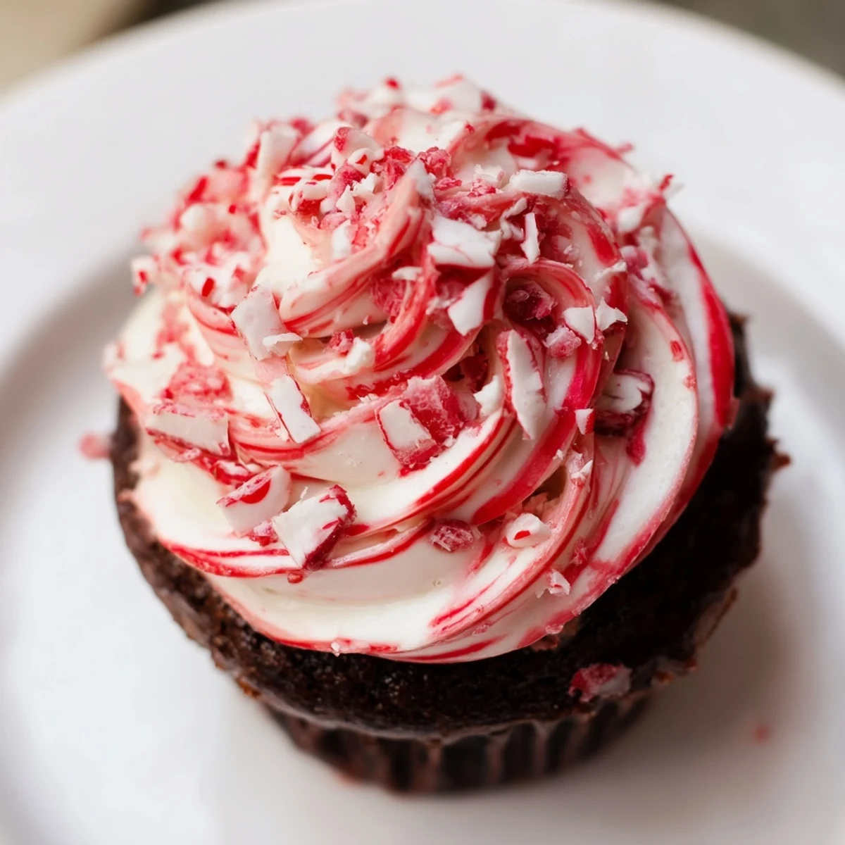 Freshly baked Chocolate Peppermint Swirl Cupcakes topped with creamy frosting and crushed candy canes on a marble counter.