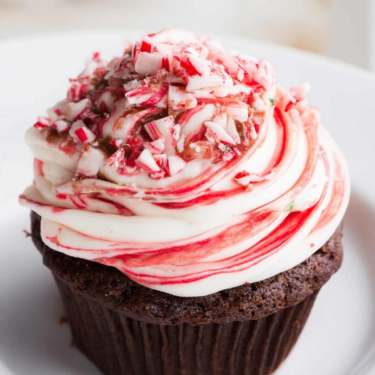 Warm Chocolate Peppermint Swirl Cupcakes served beside a festive mug of hot chocolate and holiday decorations.