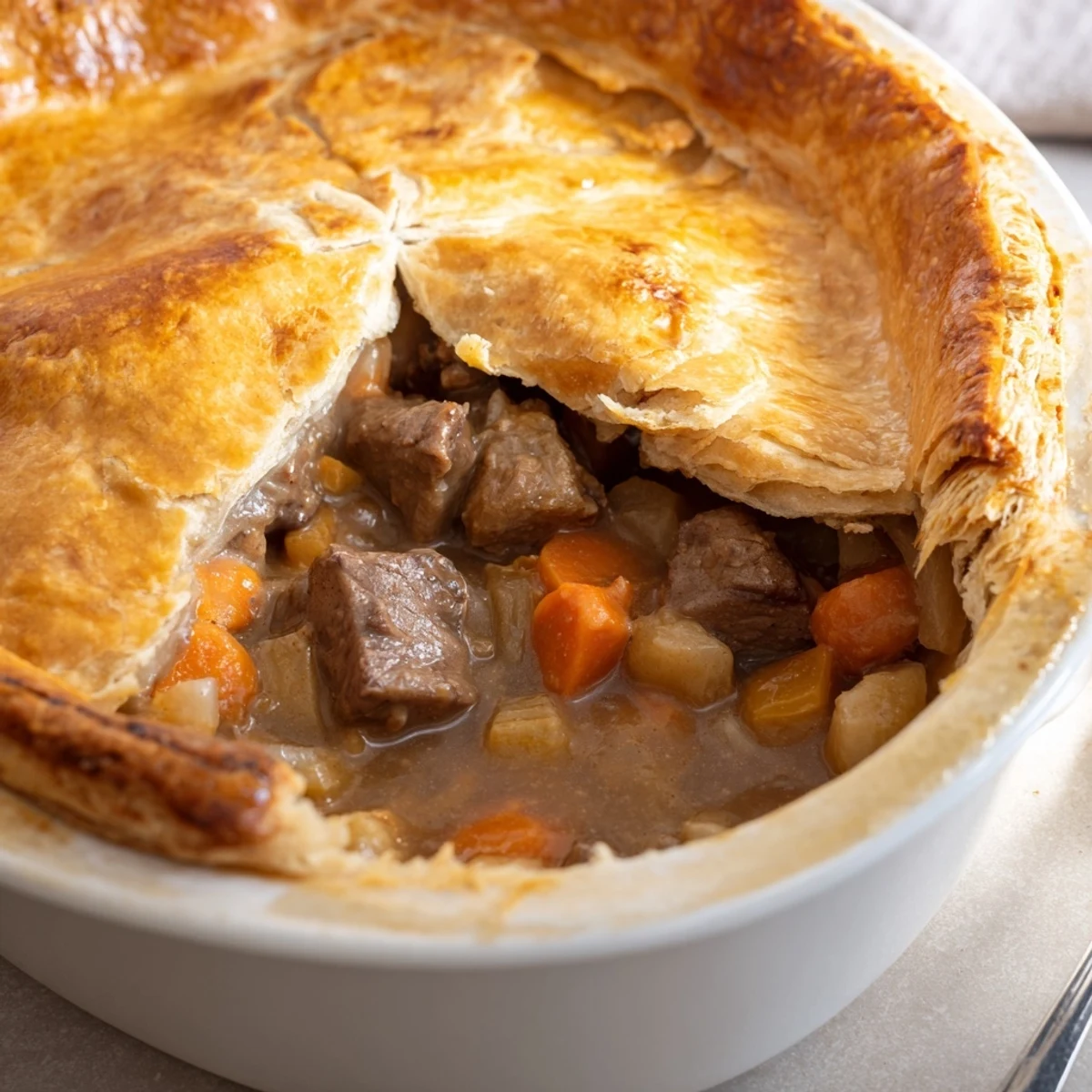 Steaming Savory Beef and Ale-Free Pie served alongside creamy mashed potatoes and greens.