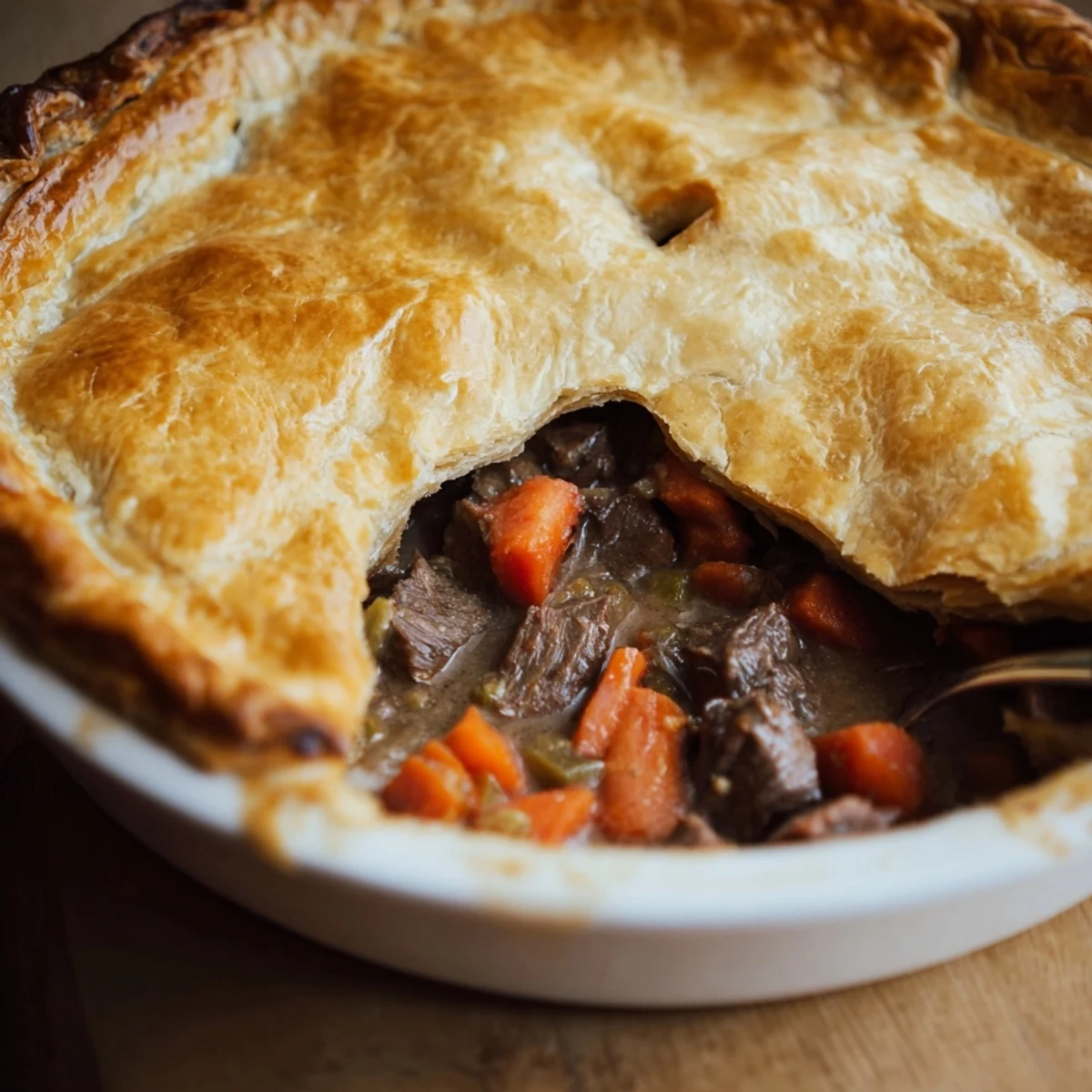 Freshly baked Savory Beef and Ale-Free Pie with golden, flaky pastry and a steam vent.
