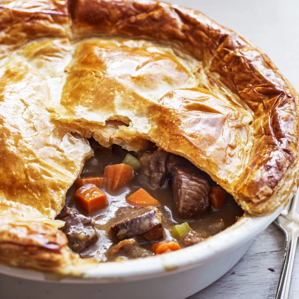 Spoonful of rich beef and vegetable filling from the homemade Savory Beef and Ale-Free Pie.