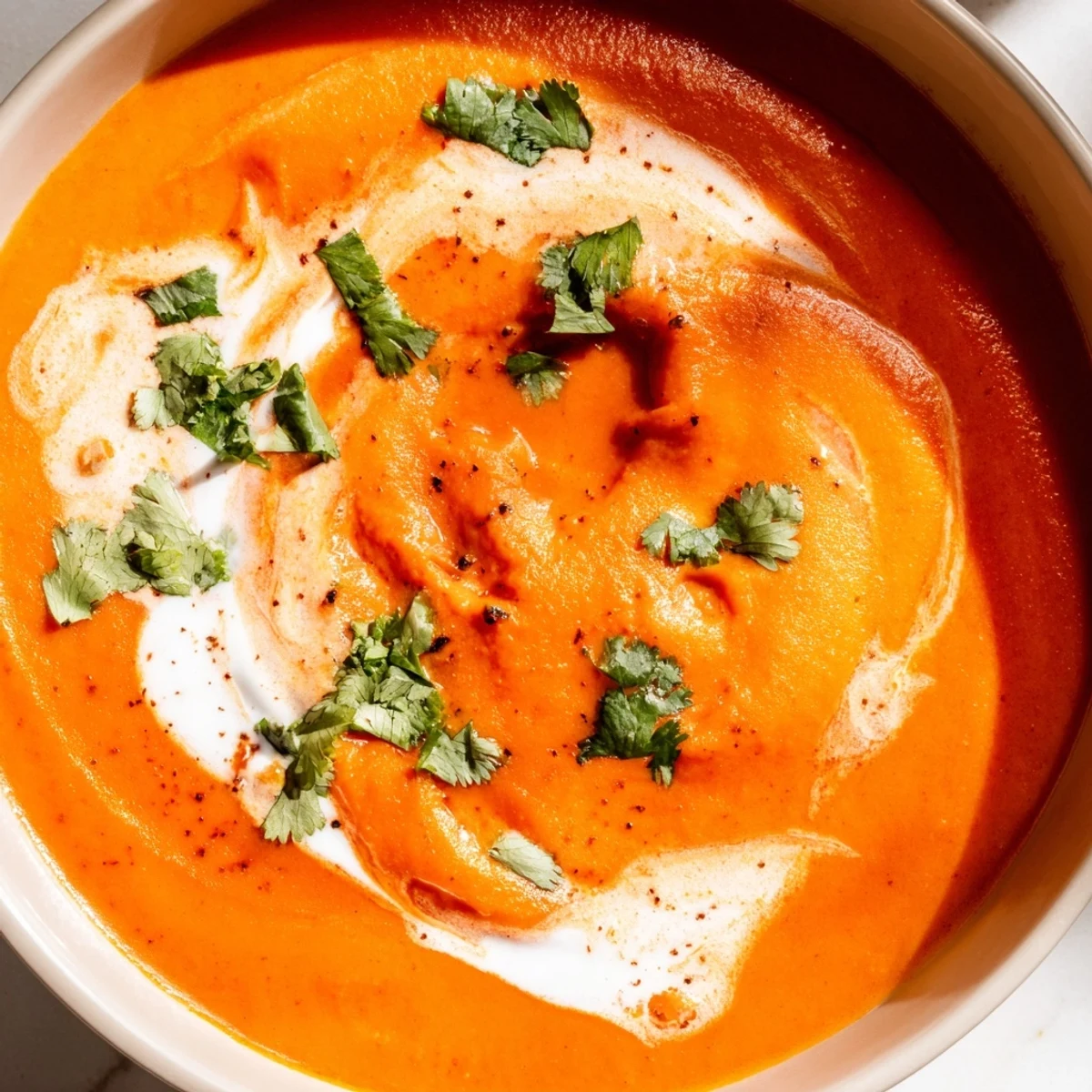 Roasted Red Pepper and Sweet Potato Soup in a rustic bowl topped with coconut cream and fresh parsley.
