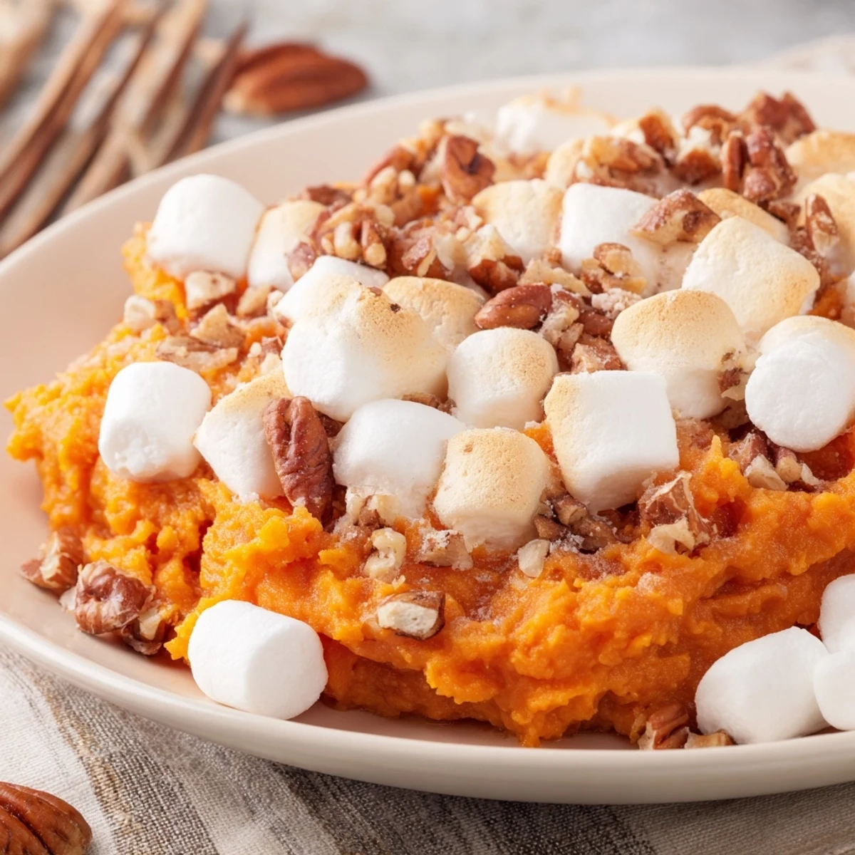 Sweet Potato Casserole with Marshmallows baked until golden, served warm with a spoonful of creamy sweet potato mash and toasted marshmallows.