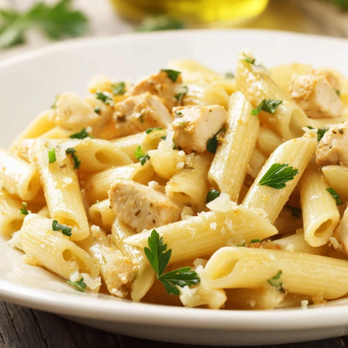 Garlic Chicken with Pasta served in a white bowl, golden chicken pieces and al dente penne coated in a glossy, aromatic olive oil sauce with fresh parsley.
