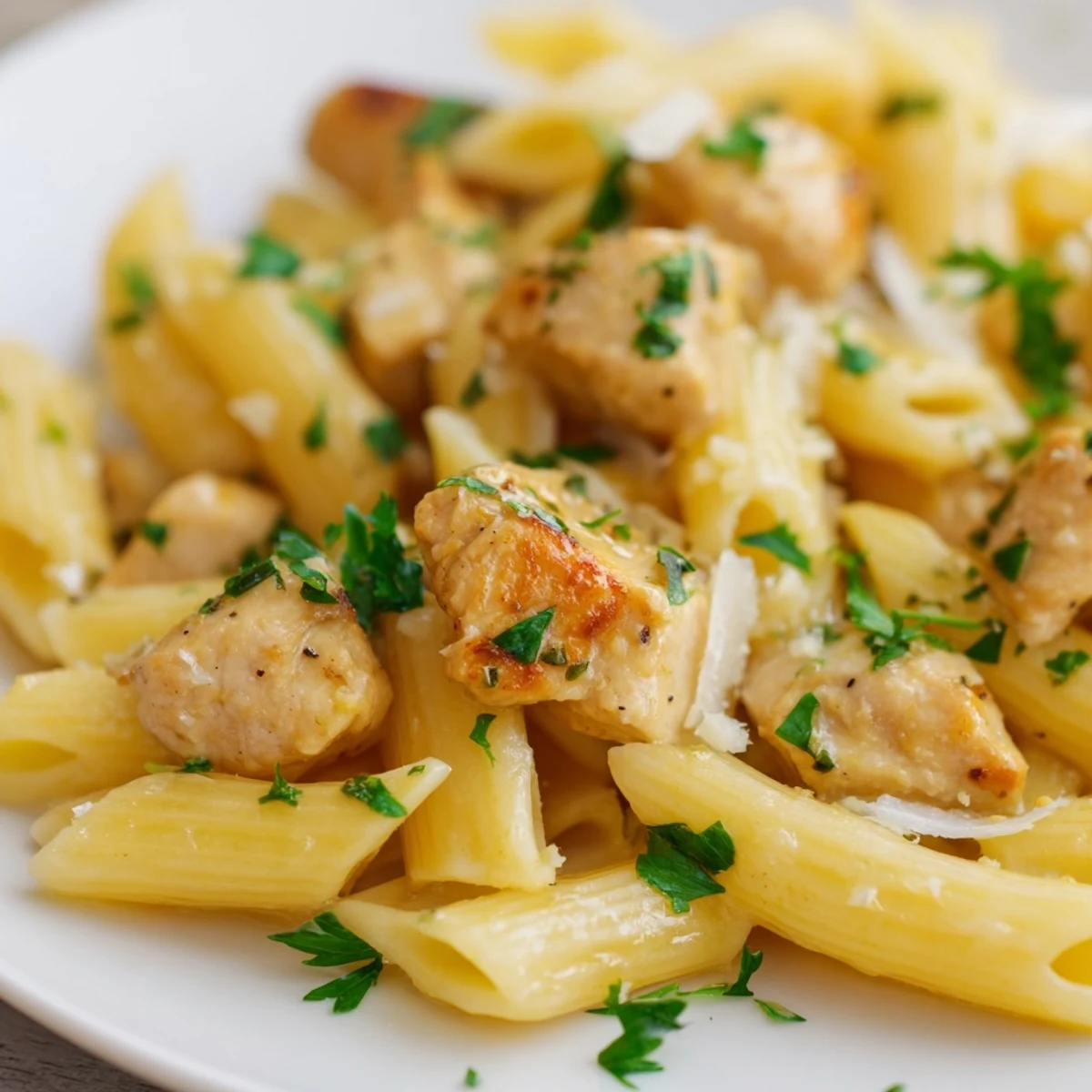 Close-up of Garlic Chicken with Pasta showing tender sautéed chicken and twirled spaghetti, steam rising, with grated Parmesan and a bright lemon wedge on the side.