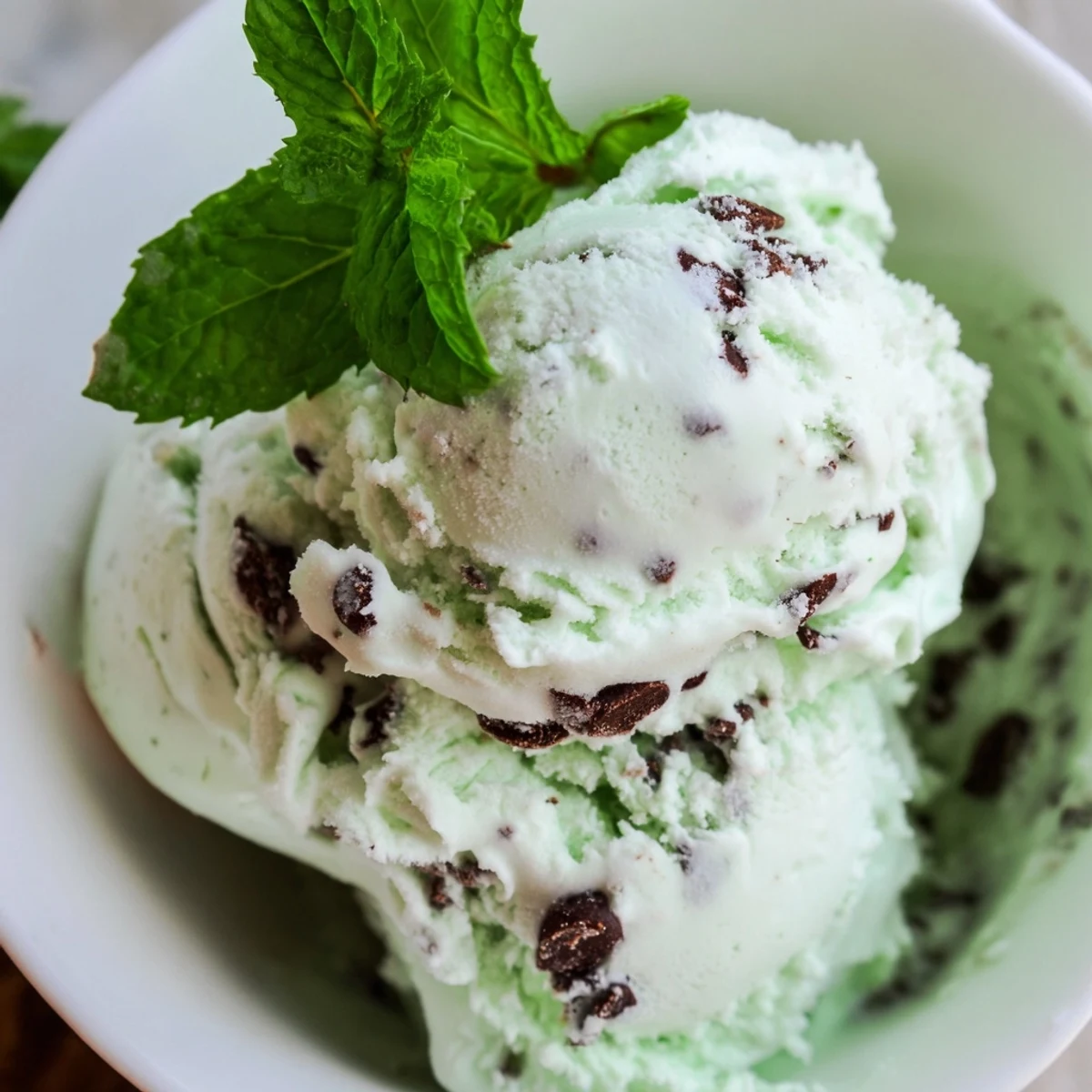 A vibrant scoop of homemade peppermint mint ice cream, rich and creamy, flecked with fresh green mint leaves. 