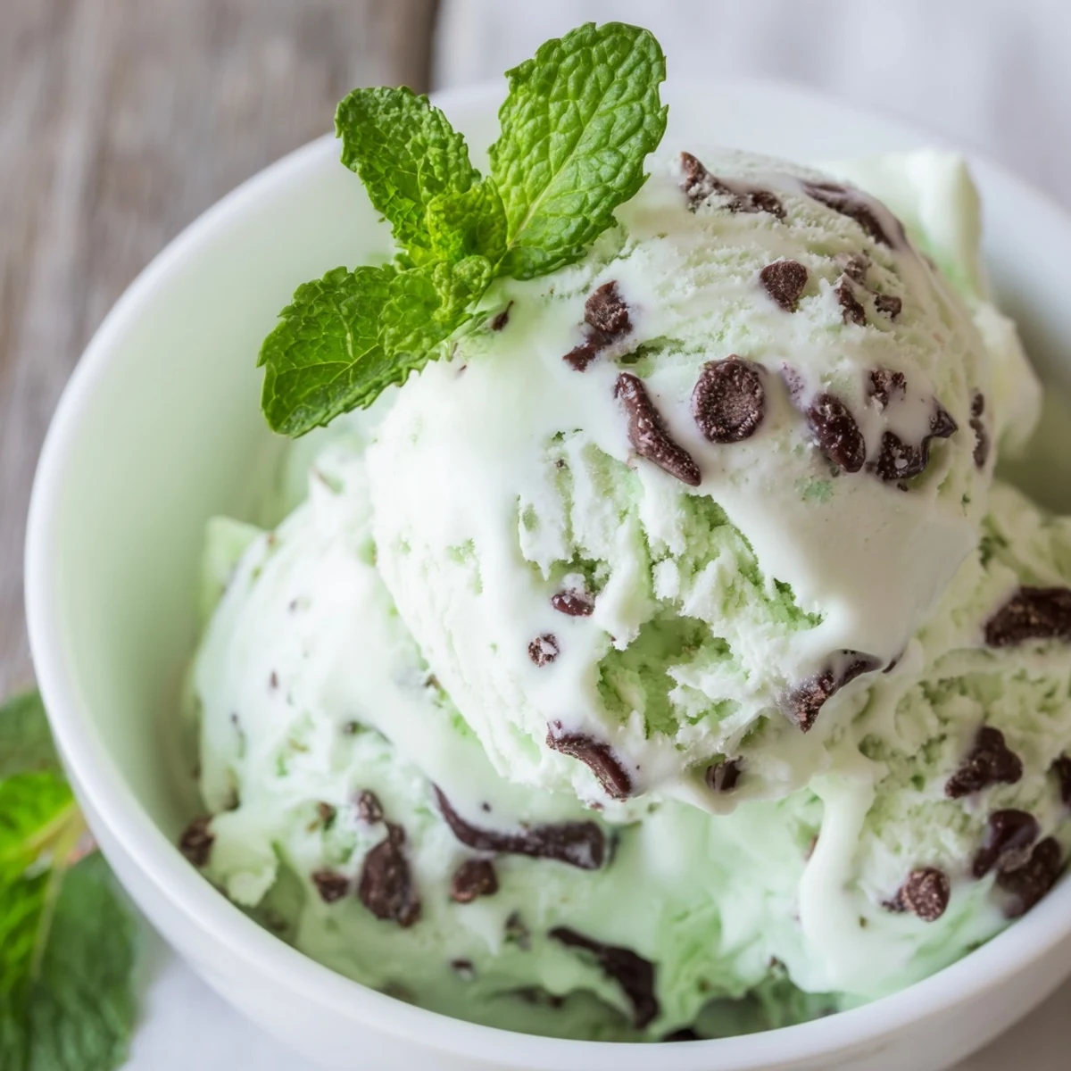Smooth, pale green peppermint mint ice cream fills a white bowl, topped with a fresh mint sprig and mini chocolate chips. 