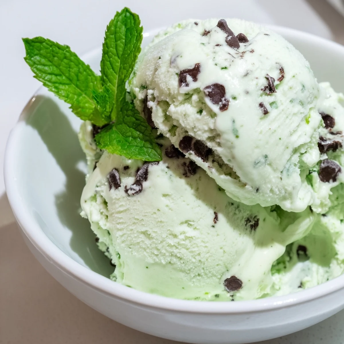 A close-up of creamy peppermint mint ice cream scooped into a glass dessert bowl, showcasing natural green hues.