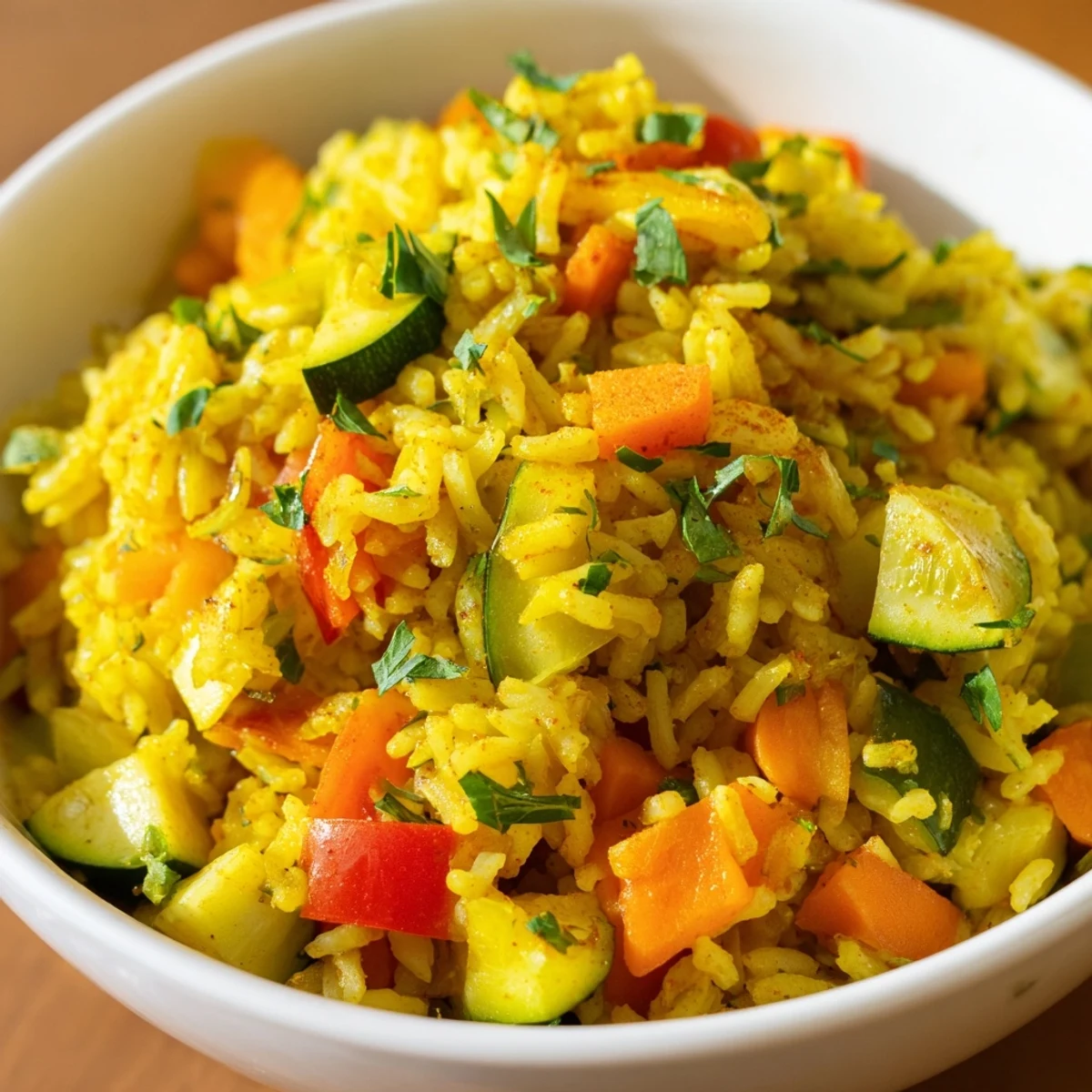 Brightly colored Savory Rice with Vegetables steaming in a white bowl, flecked with peas, carrots, and red bell peppers, topped with fresh chopped parsley for a vibrant main or side dish.