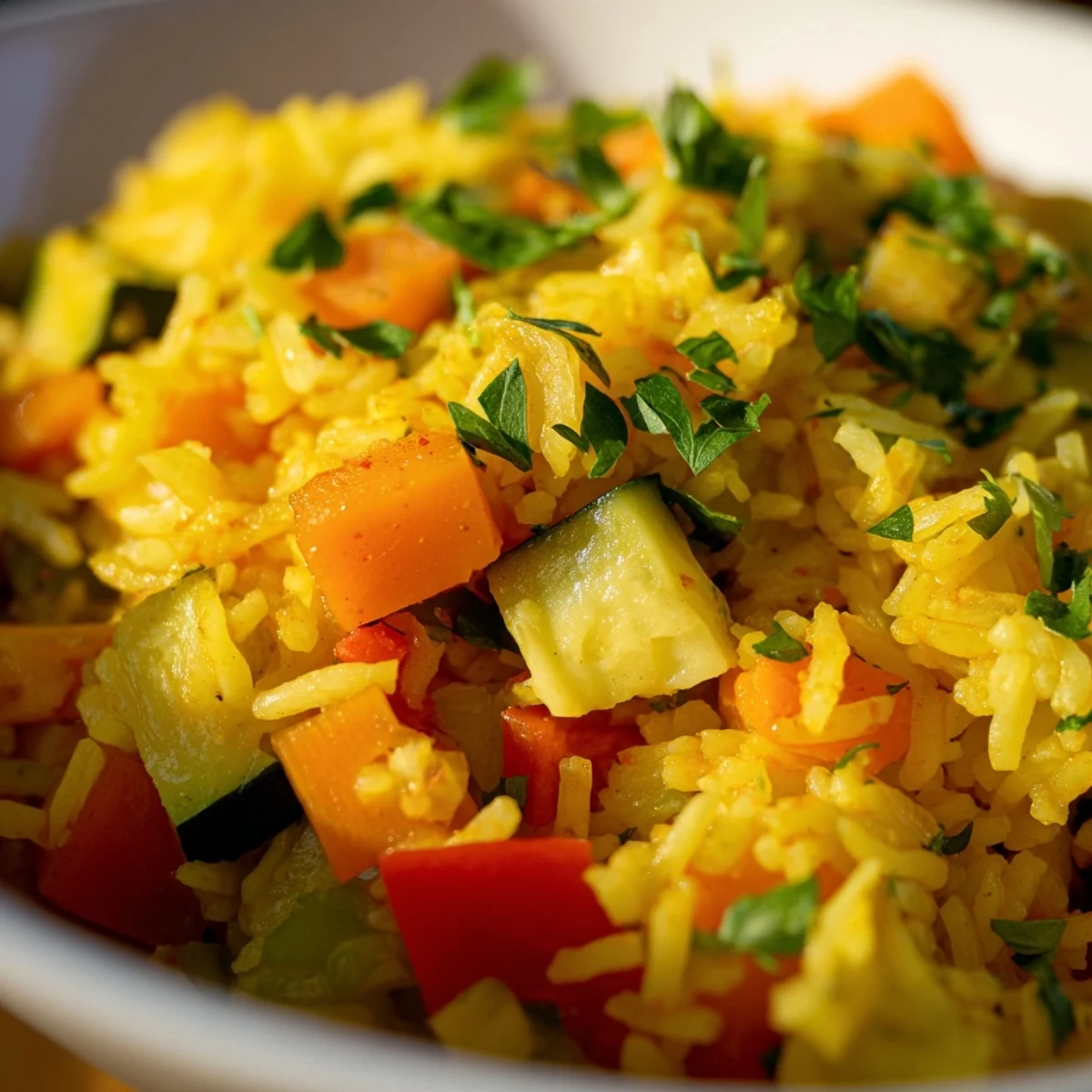 In a large skillet, Savory Rice with Vegetables simmers with aromatic spices and diced vegetables, the steam rising from the pan in a rustic kitchen setting.