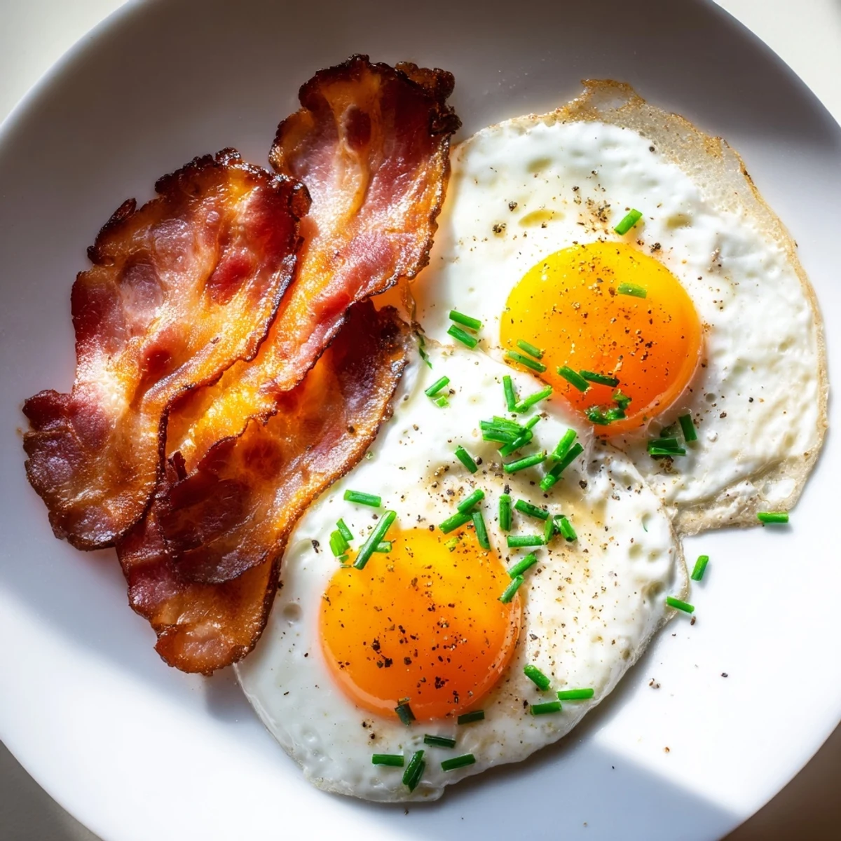 Steam rises from fluffy scrambled eggs cooked in butter alongside perfectly crisp turkey bacon strips.