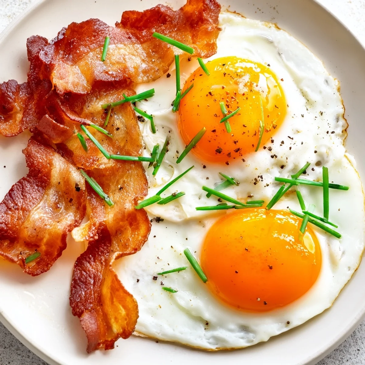 Golden brown crispy turkey bacon slices resting beside sunny-side-up eggs garnished with fresh chives.