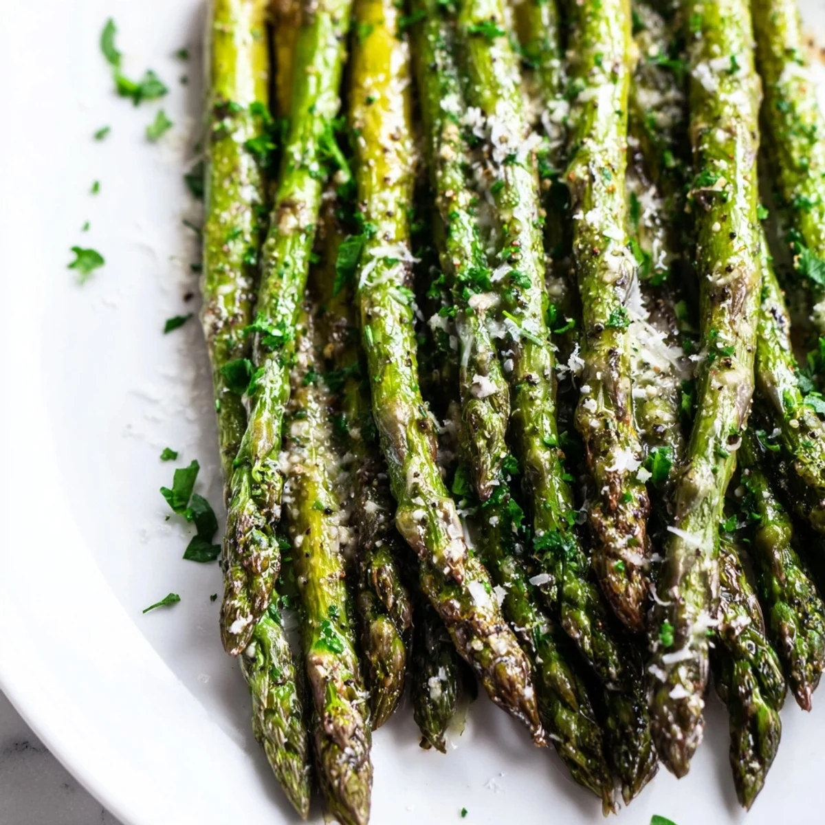 Golden-brown roasted asparagus with melted Parmesan cheese on a baking sheet, garnished with fresh parsley and lemon wedges.