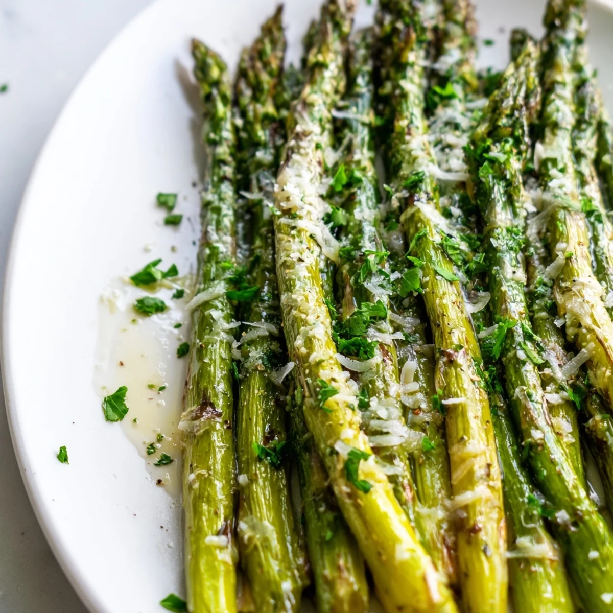 Tender roasted asparagus with Parmesan cheese served on a white platter, next to bright lemon wedges for squeezing.