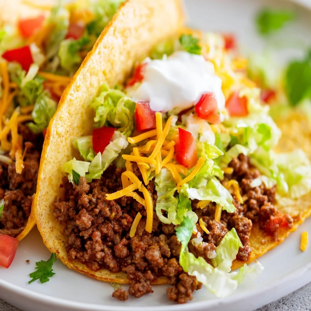 Homemade taco seasoning flavors juicy ground beef in a warm tortilla, topped with shredded lettuce, tomatoes, cheddar, and sour cream.