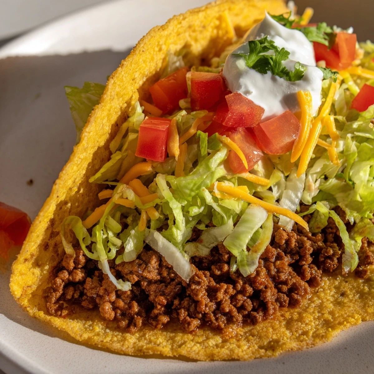 Golden ground beef cooked with homemade taco seasoning fills warm soft tortillas, topped with shredded lettuce, diced tomatoes, and cheddar.