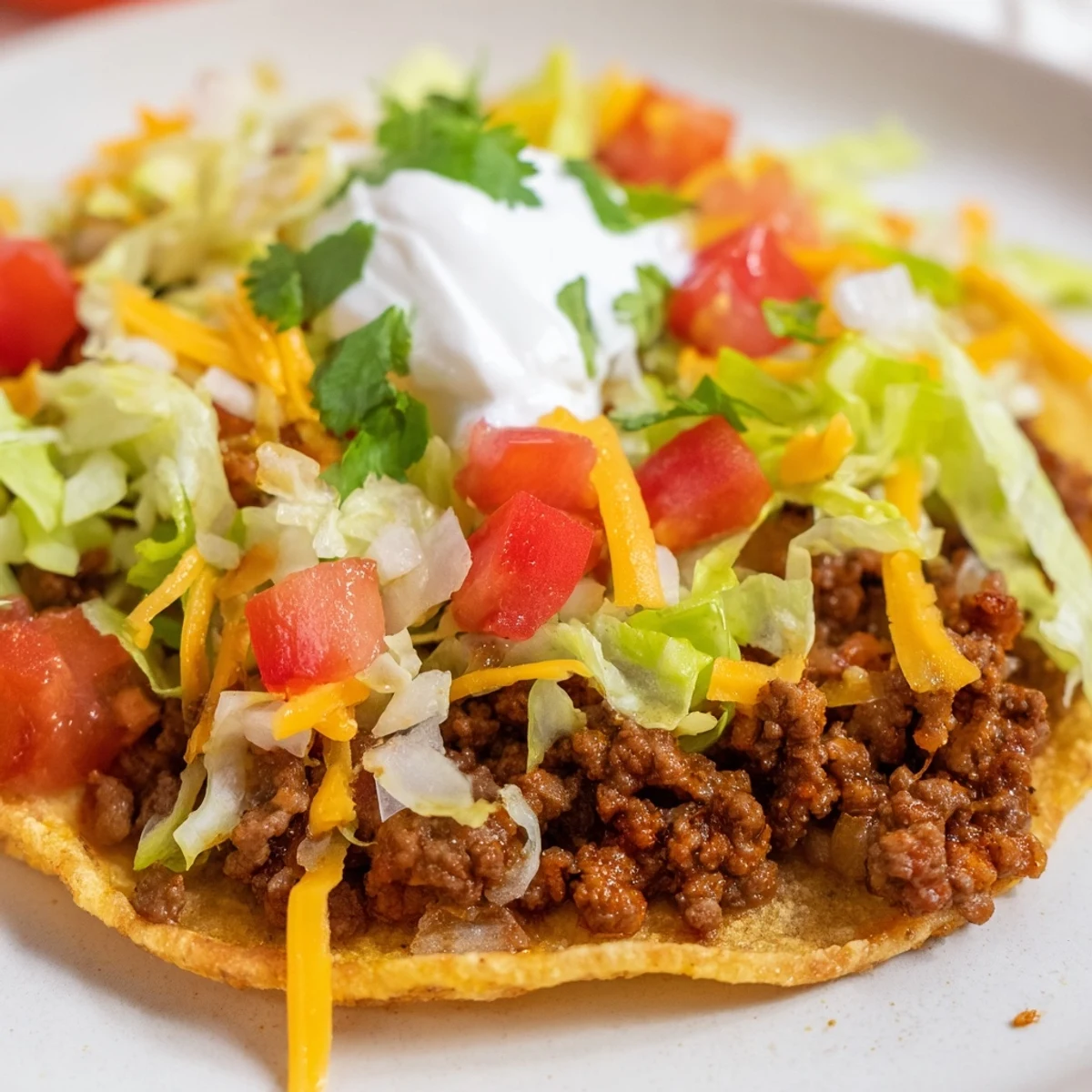 Fresh cilantro and lime garnish warm beef tacos with homemade seasoning, served alongside shredded lettuce, tomatoes, and melty cheddar.