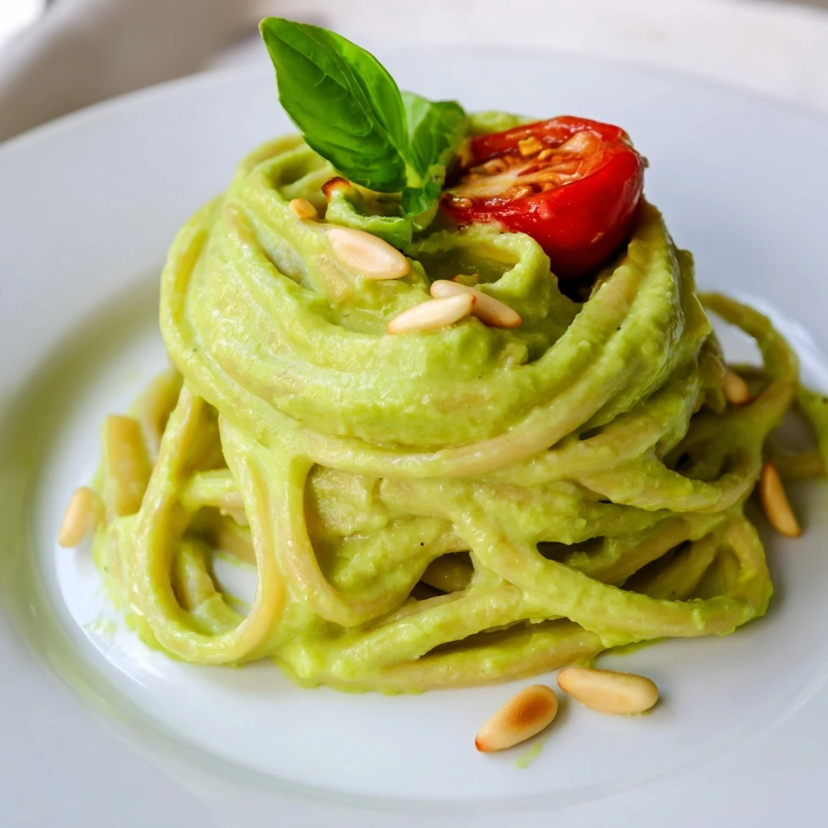 Creamy Avocado Lime Pasta with Cherry Tomatoes served as a vibrant main dish, garnished with fresh basil and pine nuts.